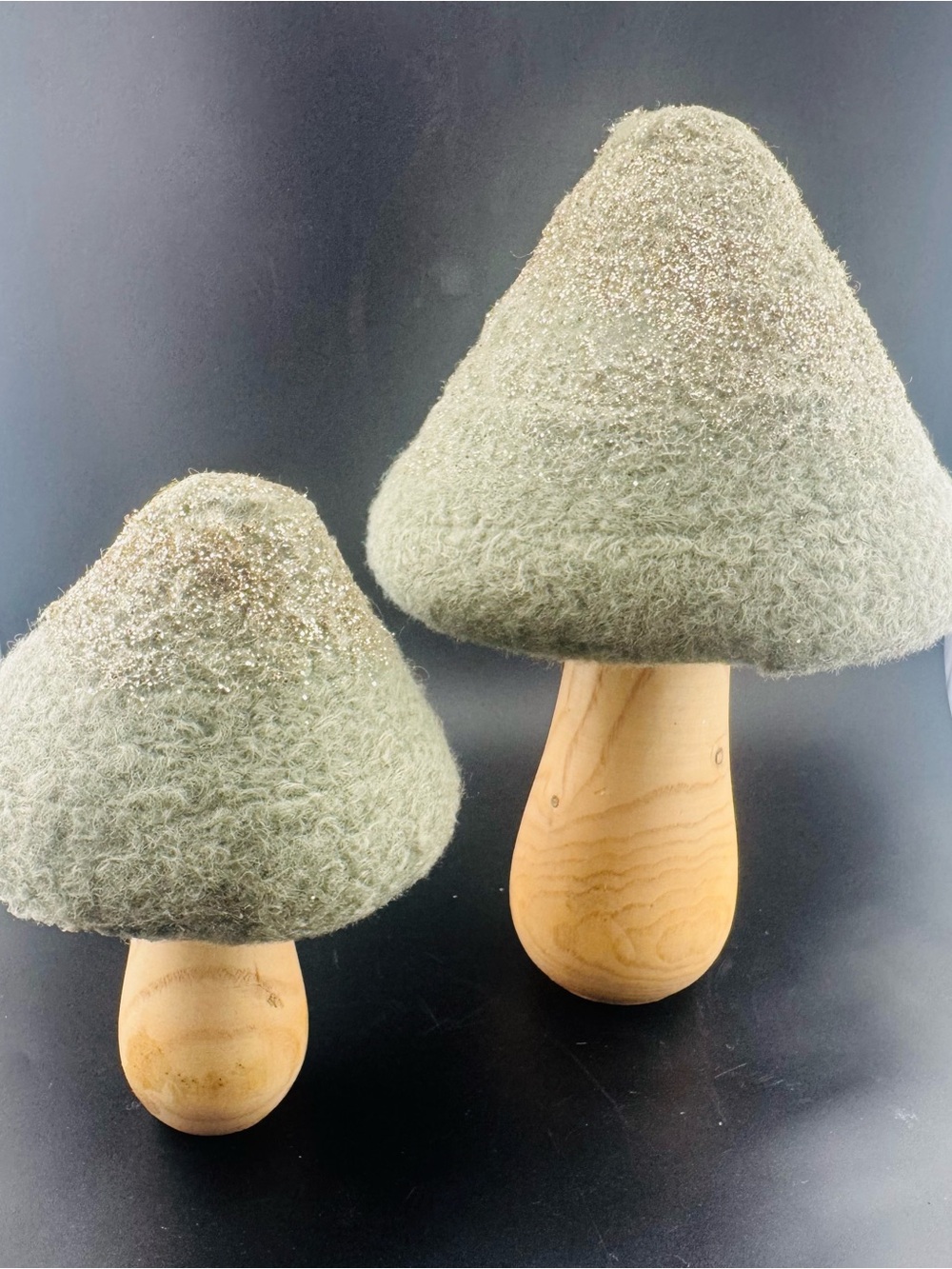 Felt Mushroom Decor Pair in Sage with Glitter Tops